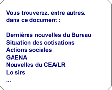 Vous trouverez, entre autres, dans ce document :  Derni�res nouvelles du Bureau Situation des cotisations Actions sociales GAENA Nouvelles du CEA/LR Loisirs ...